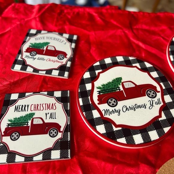 8x Red Truck Christmas Ceramic Coaster Trivet Set - Picture 6 of 7